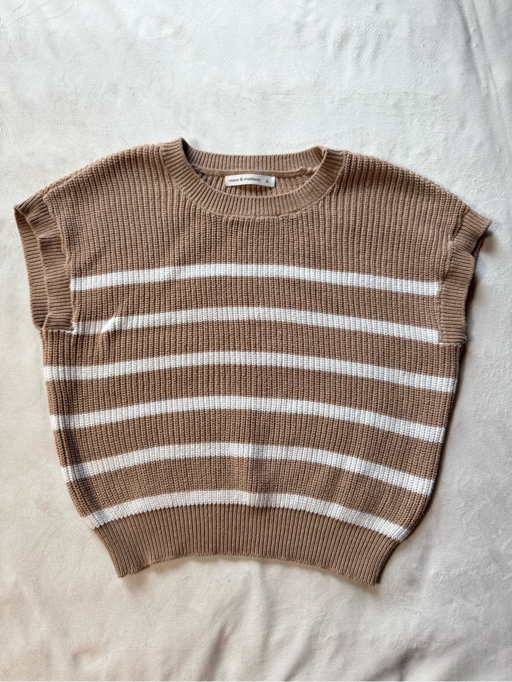 moon & madison Tan and White Striped Knit Crew Sweater